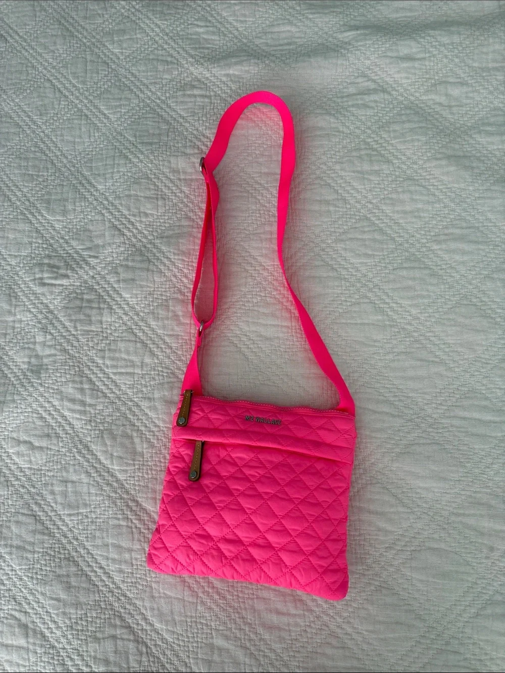 MZ Wallace Flat Metro Quilted Crossbody Bag Neon Hot Pink Italian Leather Accent